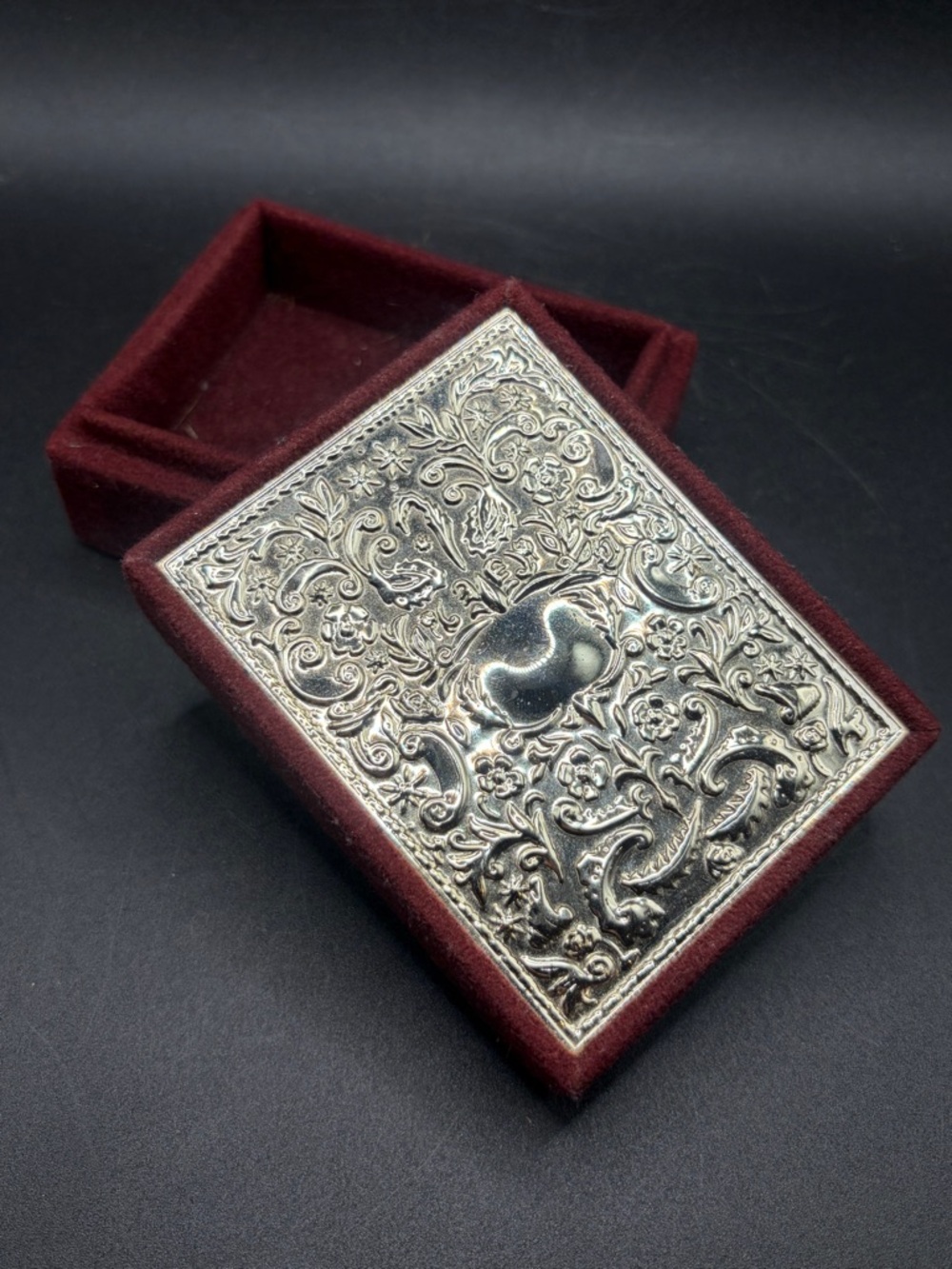 Godinger Vintage Silver Plated Lid Red Toned Fabric Trinket Jewelry Keepsake Box